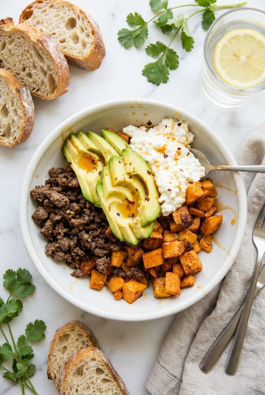 Close up of Hot Honey Ground Beef Bowls showing the caramelization on the beef and the zest of chili-lime pepitas.