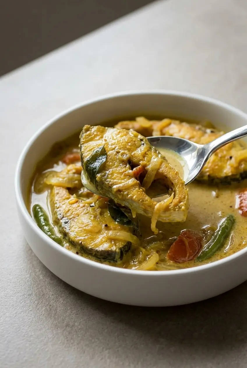 A close-up of the fish molly kerala recipe simmering in a claypot with fresh curry leaves.