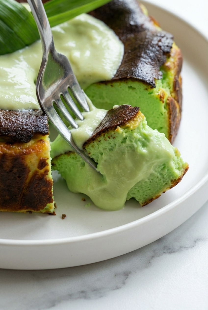 Close up of a whole pandan basque cheesecake in a parchment paper lined springform pan showing a dark caramelized surface.