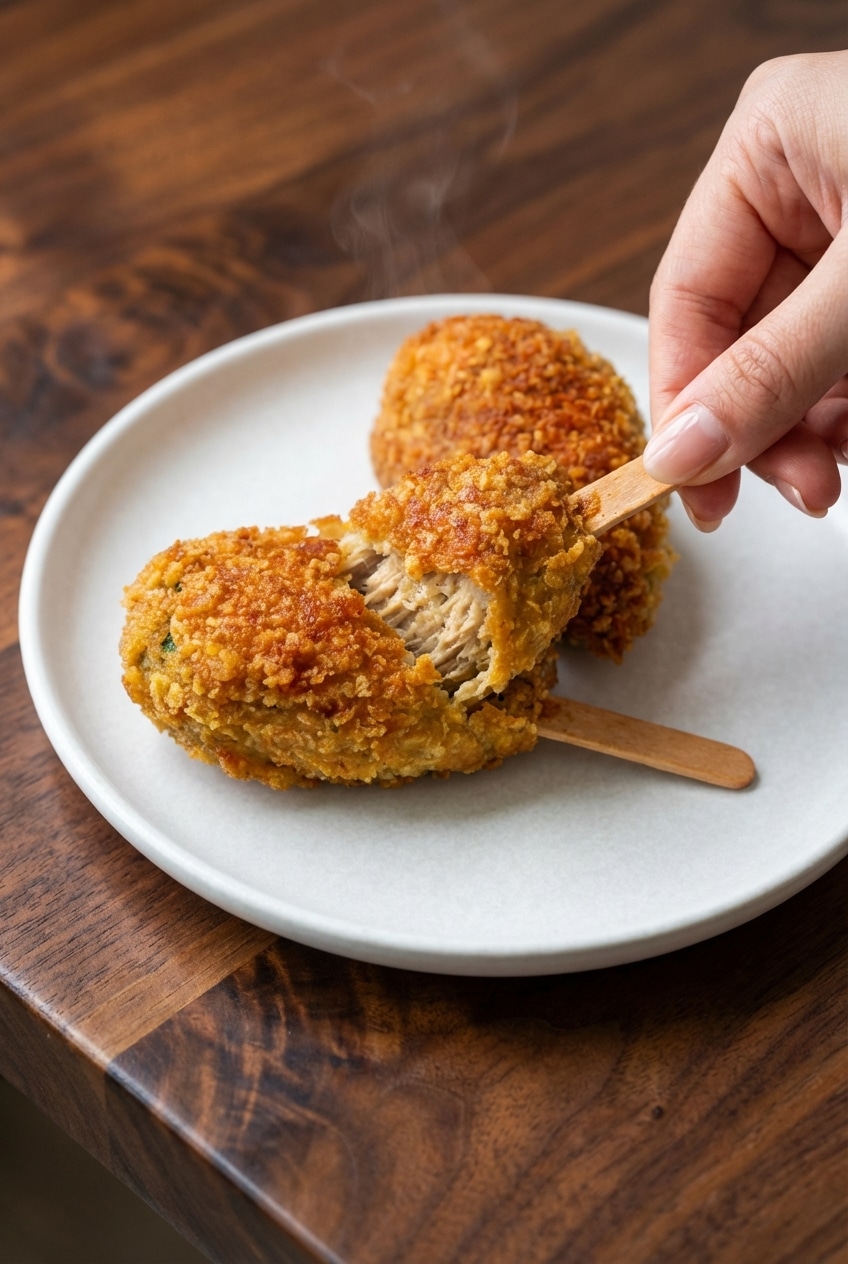 Close up of the crispy, double breaded crust on mock chicken legs showing the toasted cornflake texture.
