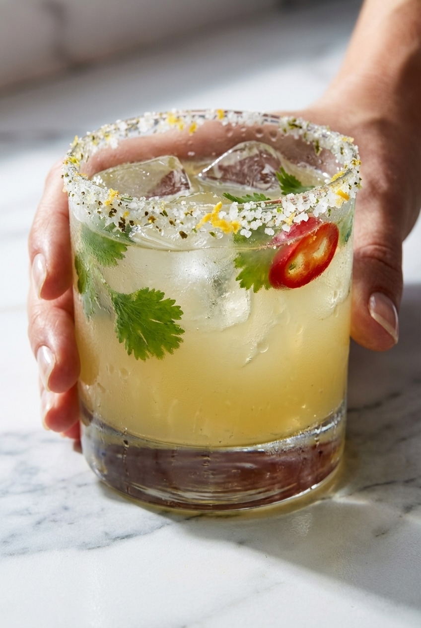 Double straining the Picante Cocktail into a glass to remove muddled cilantro leaves and ice chips.