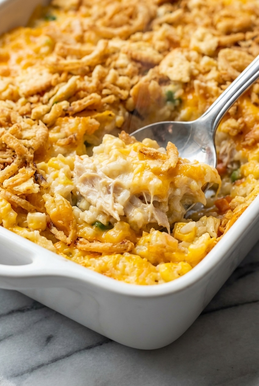 Creamy rotisserie chicken and rice casserole inside a baking dish showing the melted sharp cheddar cheese layers.