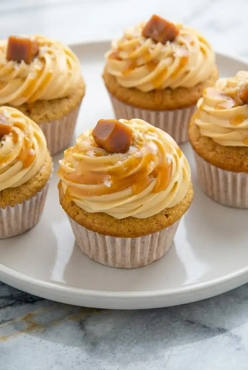 Close up of salted caramel cupcakes in paper liners showing the smooth swirl of Swiss Meringue Buttercream.