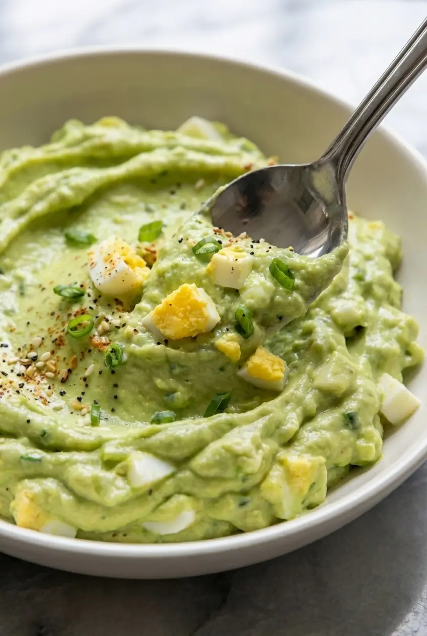 Close-up of chunky avocado egg salad recipe showing the creamy emulsification of avocado and Dijon mustard.