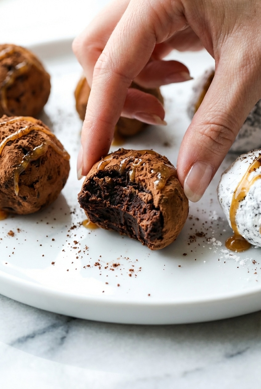Close-up detail of brownie truffles showing the smooth chocolate coating and dense fudgy interior.