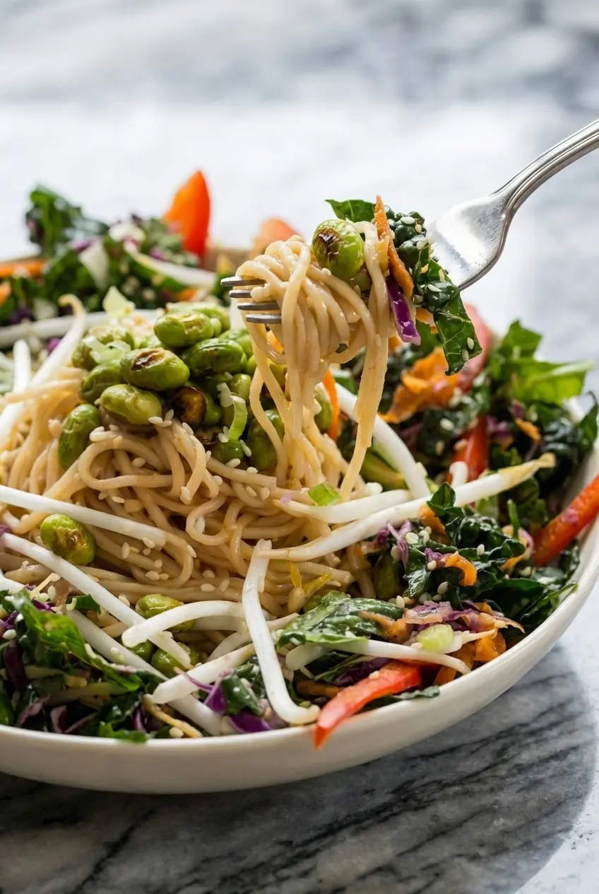 Close-up of the edamame rice noodle salad highlighting the glossy texture of vermicelli and julienned vegetables.