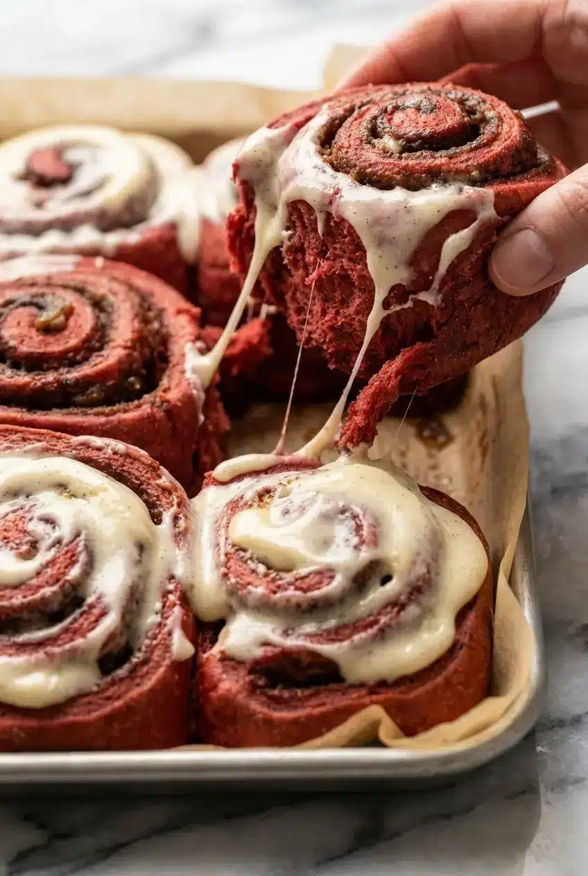 Close-up of Red Velvet Cinnamon Rolls highlighting the soft gluten development and fluffy, proofed texture.