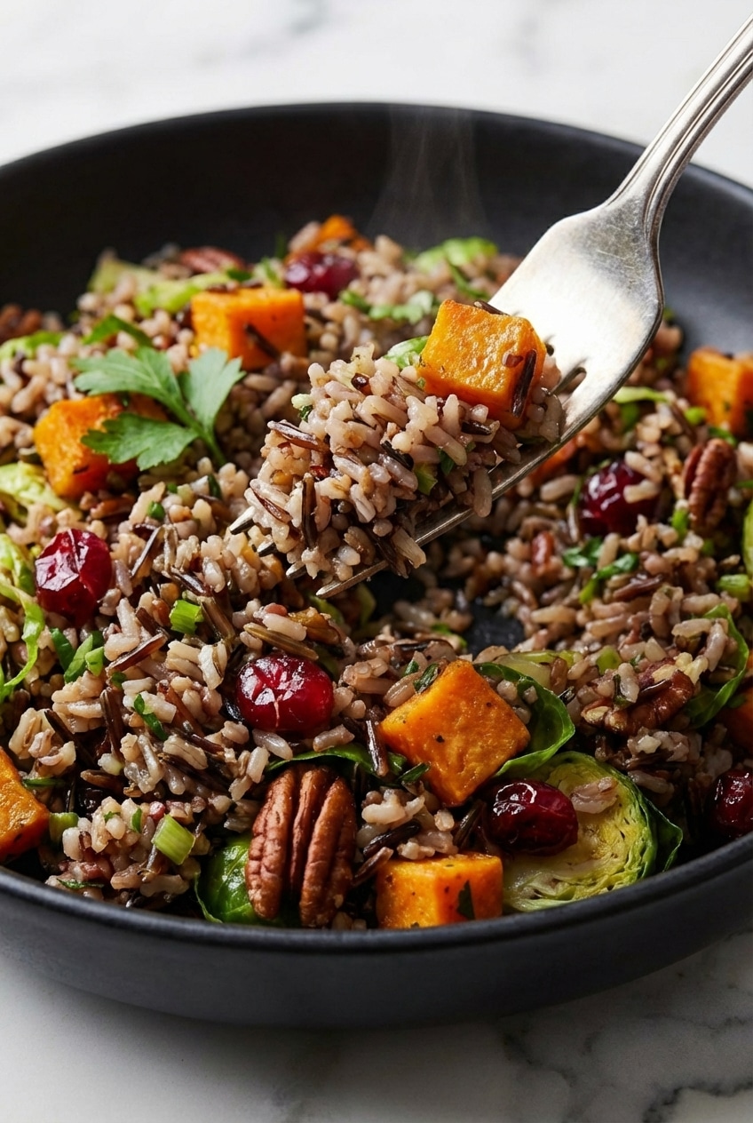 A perfectly cooked wild rice pilaf recipe served in a ceramic bowl to showcase the fluffy grain texture.