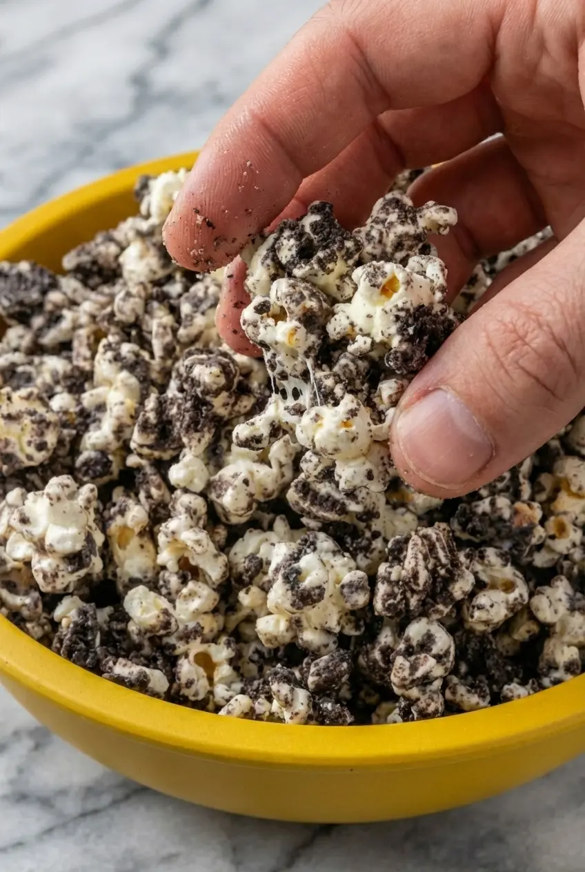 Close-up of cookies cream popcorn being tossed in a microwave-safe bowl with melted chocolate and vanilla.