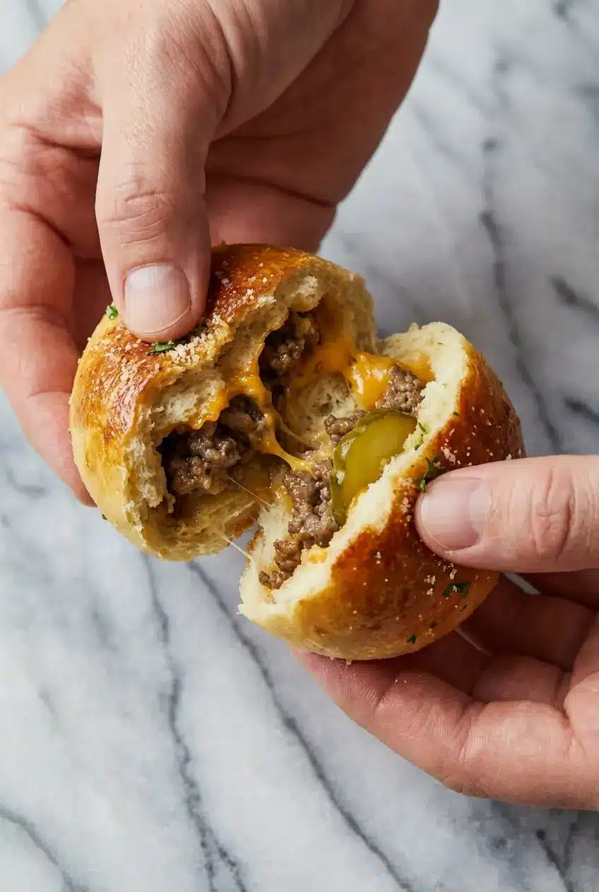 Garlic Parmesan Cheeseburger Bombs resting on parchment paper after achieving a perfect golden crust.