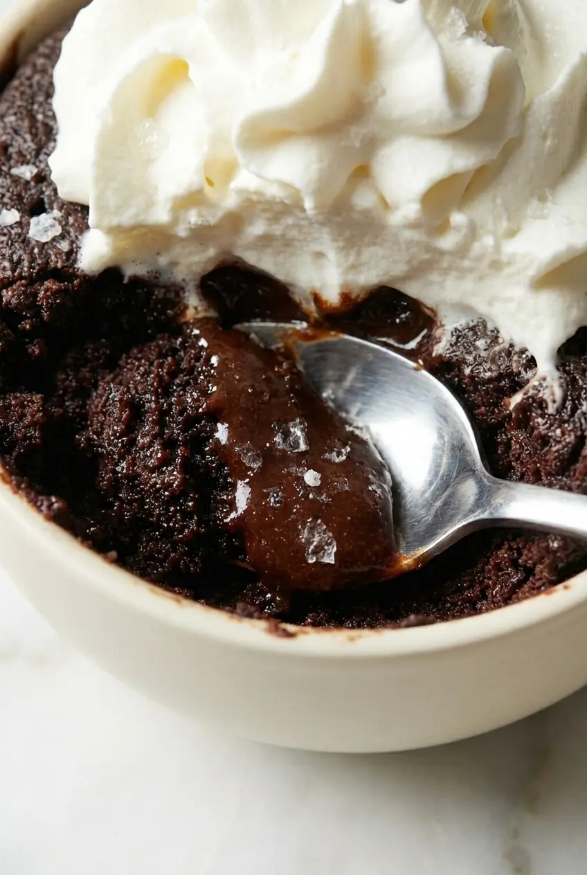 A freshly microwaved 2 Ingredient Oreo Mug Cake resting on a kitchen counter next to a cup of milk.