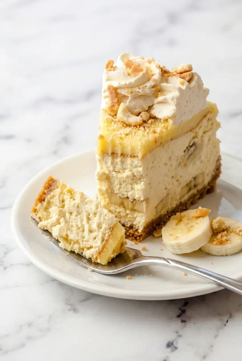 Slicing into a perfectly set Banana Pudding Cheesecake showing the distinct layers of creamy filling and buttery crust.