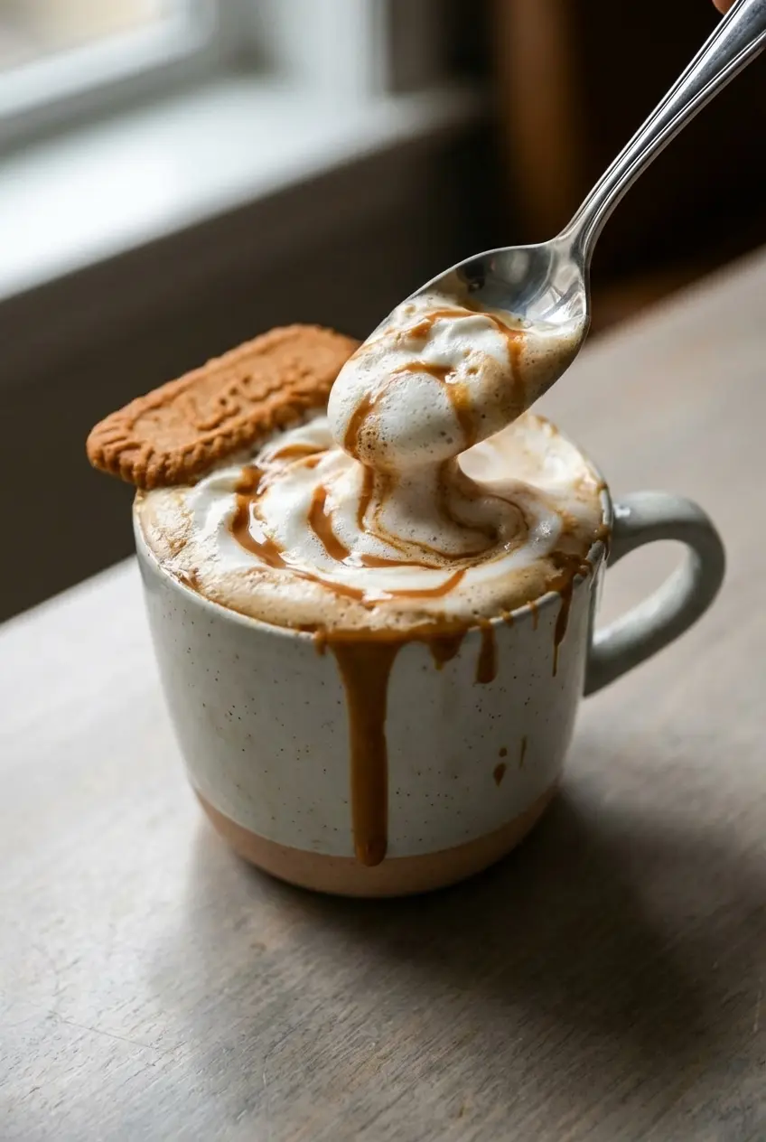 Frothy oat milk being poured into a cookie butter latte base using a milk frother for a light texture.