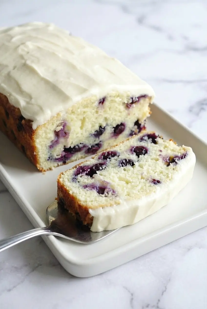 A sliced Blueberry Lime Loaf with Cream Cheese Frosting showing even berry distribution and a tender crumb.