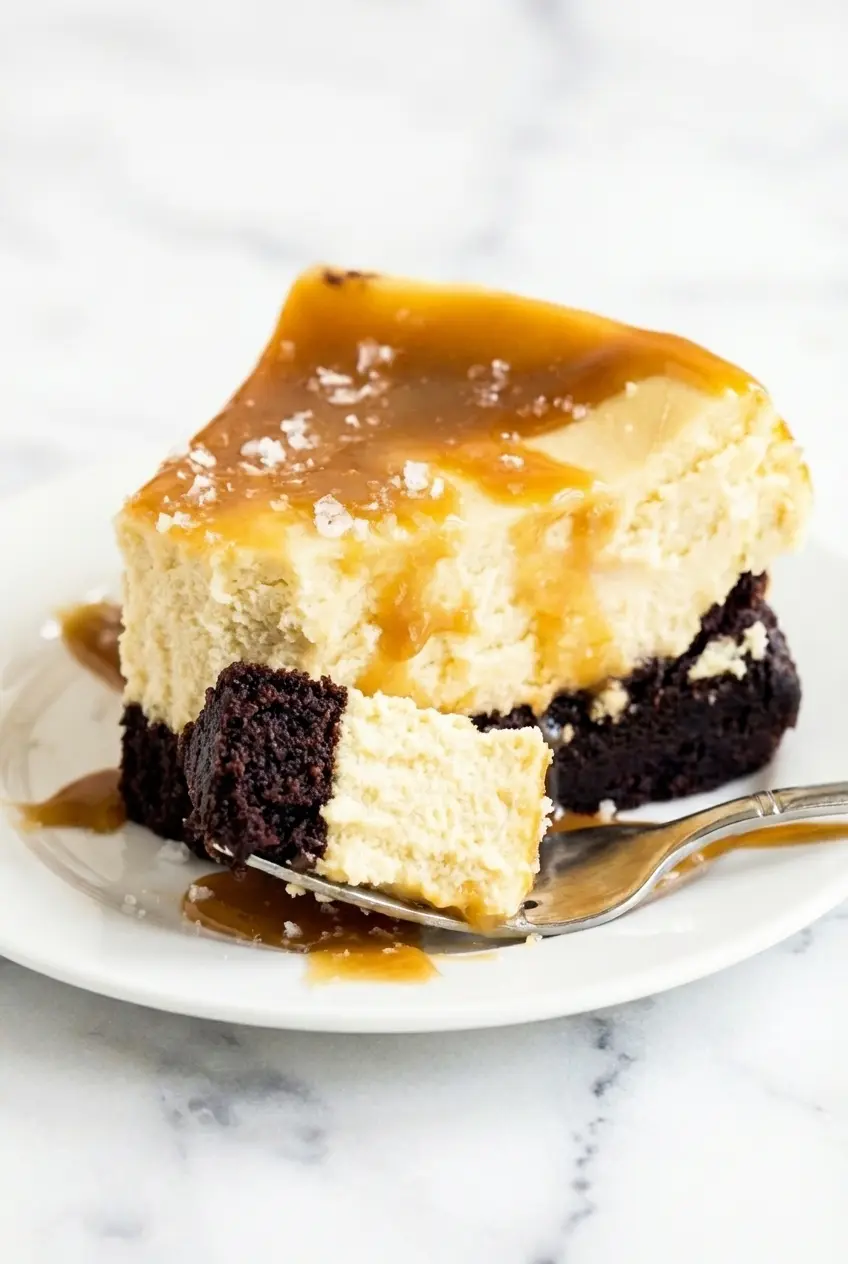Caramel Brownie Cheesecake inside a springform pan after baking in a water bath for a smooth finish.