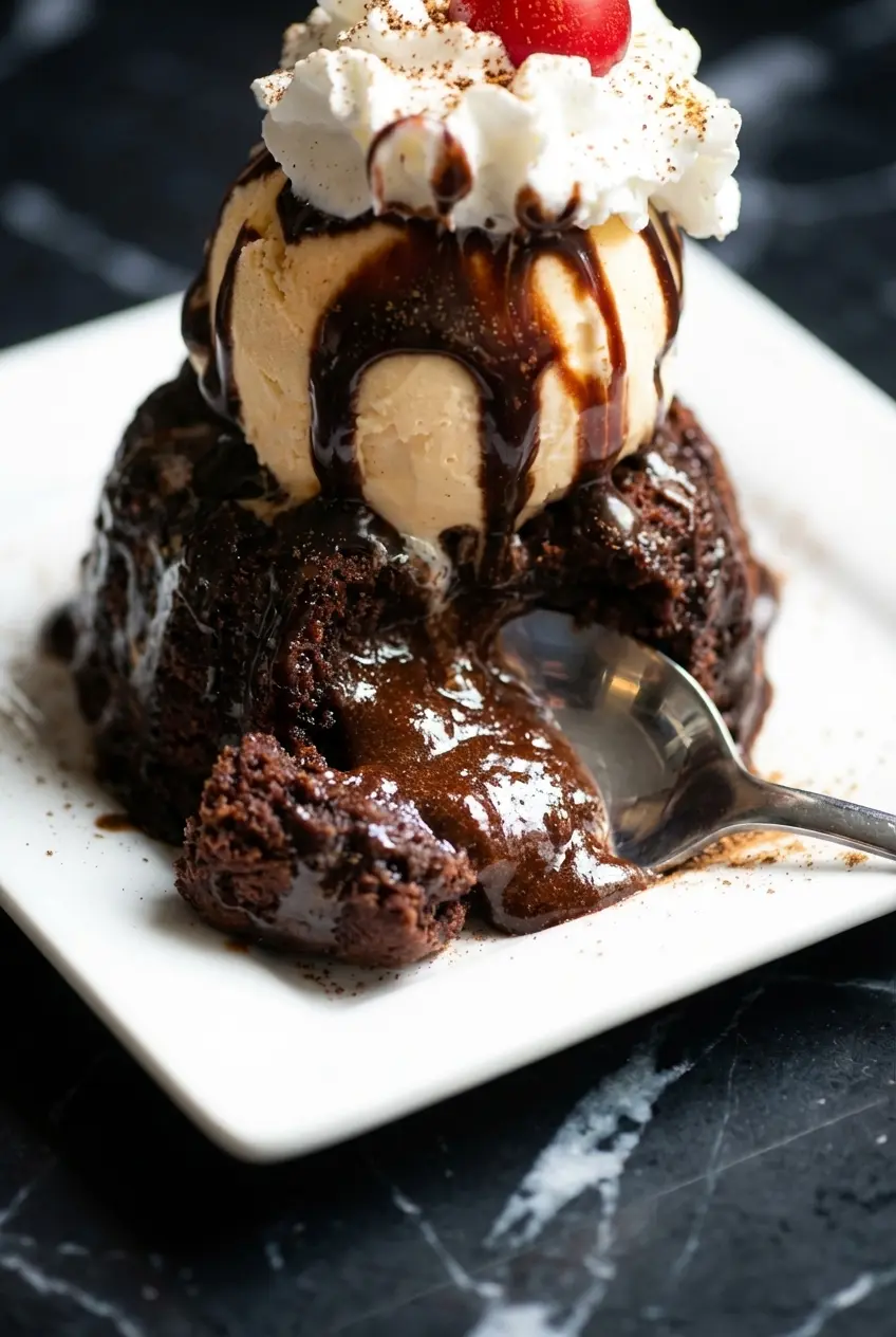 Freshly baked chilli chocolate lava cake inverted from ramekins, dusted with powdered sugar for a flawless presentation.