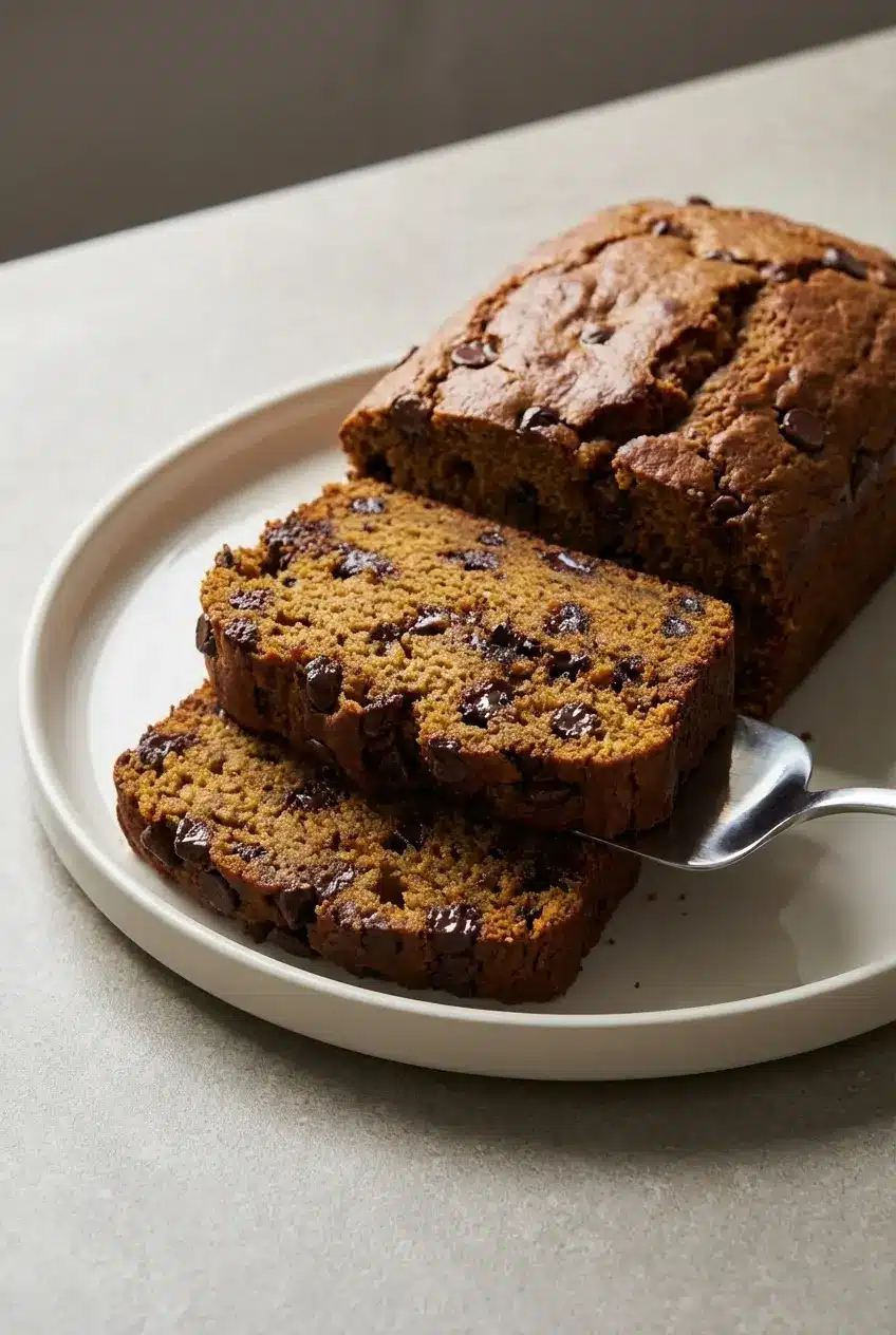 A loaf pan of freshly baked Brown Butter Pumpkin Bread showing a golden, crackled malted crust.