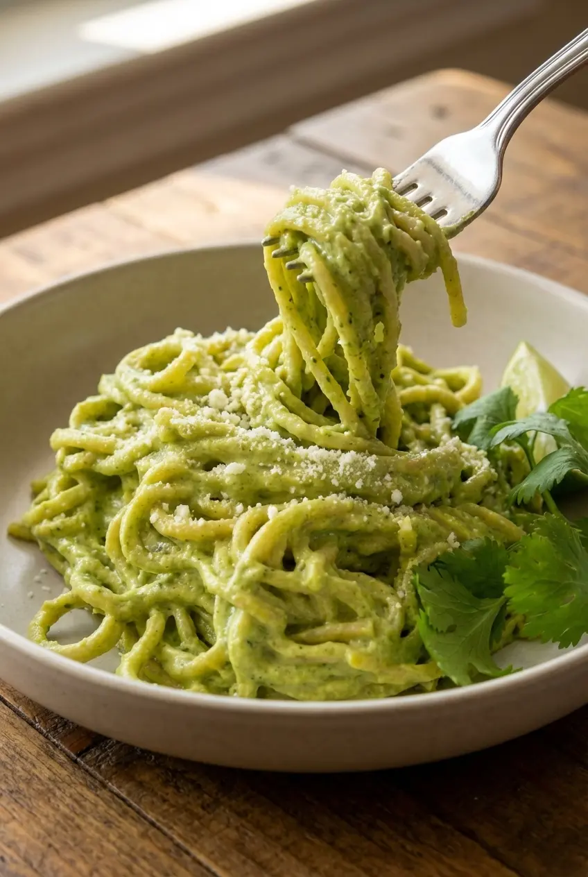 Blended roasted peppers and garlic poured over al dente pasta for this vibrant Mexican green spaghetti recipe.