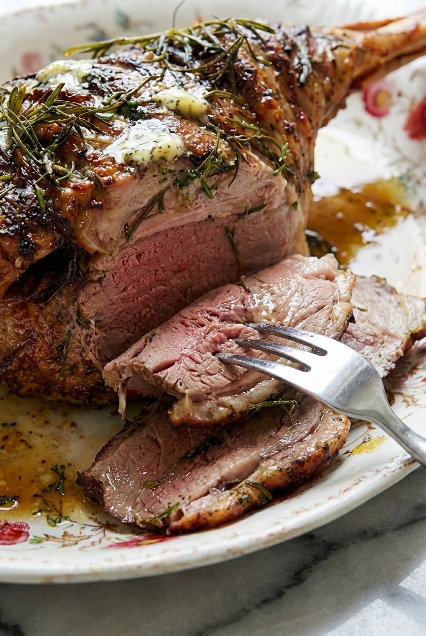Close up of the browned crust on a roast lamb leg with gravy highlighting the savory Maillard reaction.