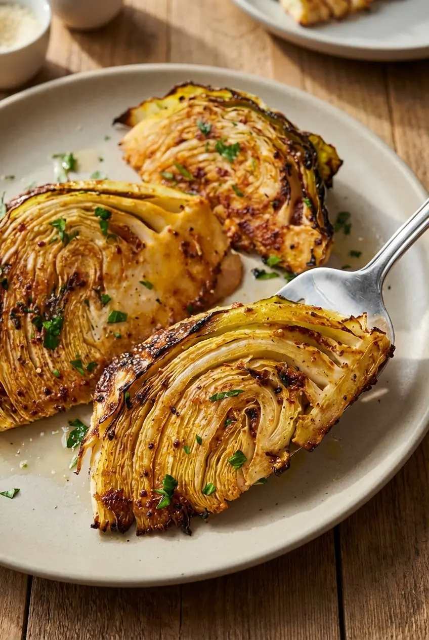 Golden brown air fryer cabbage wedges resting in an air fryer basket, showcasing perfectly caramelized, crispy edges.