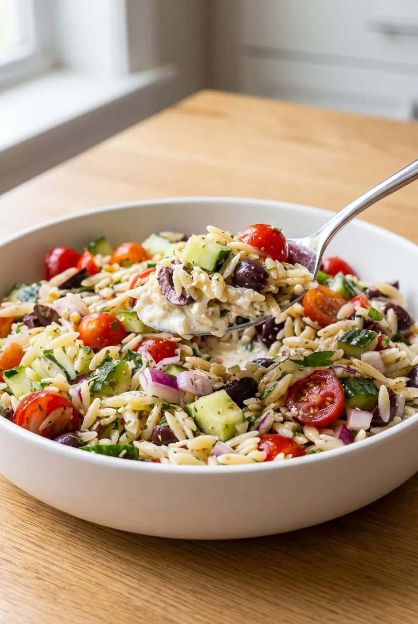 Perfectly al dente cooked pasta ready to be cooled for this refreshing greek orzo salad recipe.