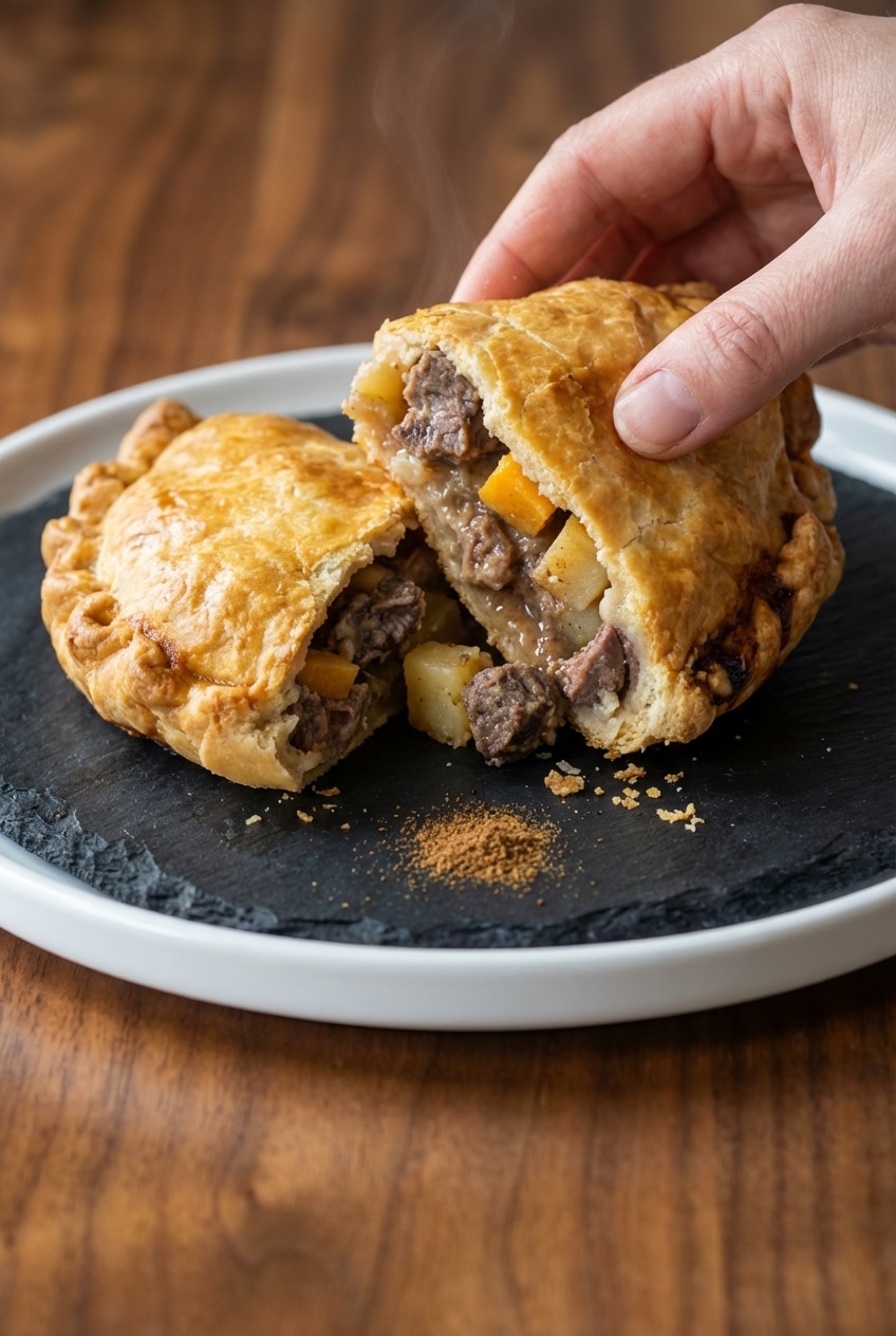 A close-up view of the perfectly crimped edge and golden egg-washed crust on a homemade Cornish Pasty.