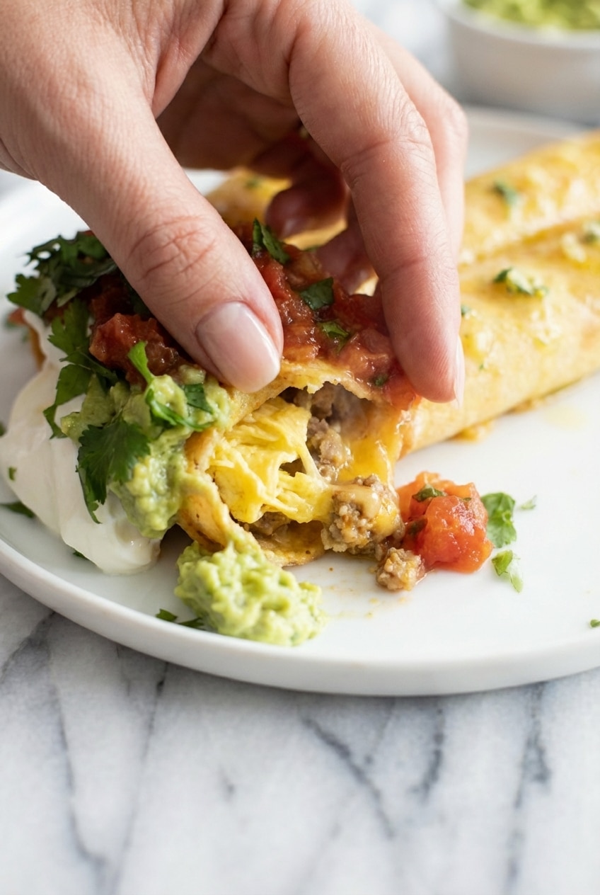 Crispy Egg and Sausage Breakfast Taquitos showing the golden Maillard reaction from the air fryer.