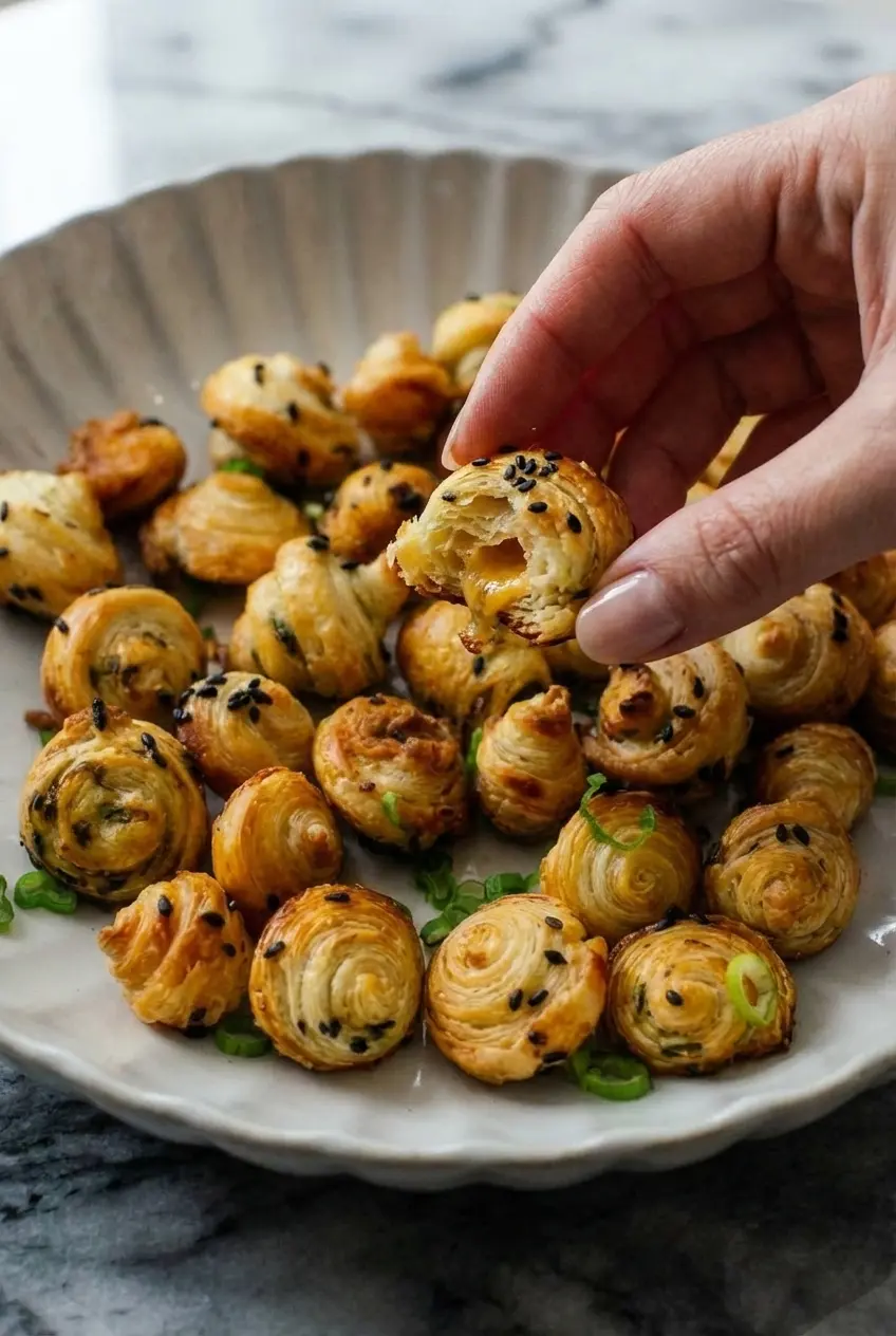 Close-up of flaky scallion pancake croissant bites showing the air fryer toasted sesame seed topping.