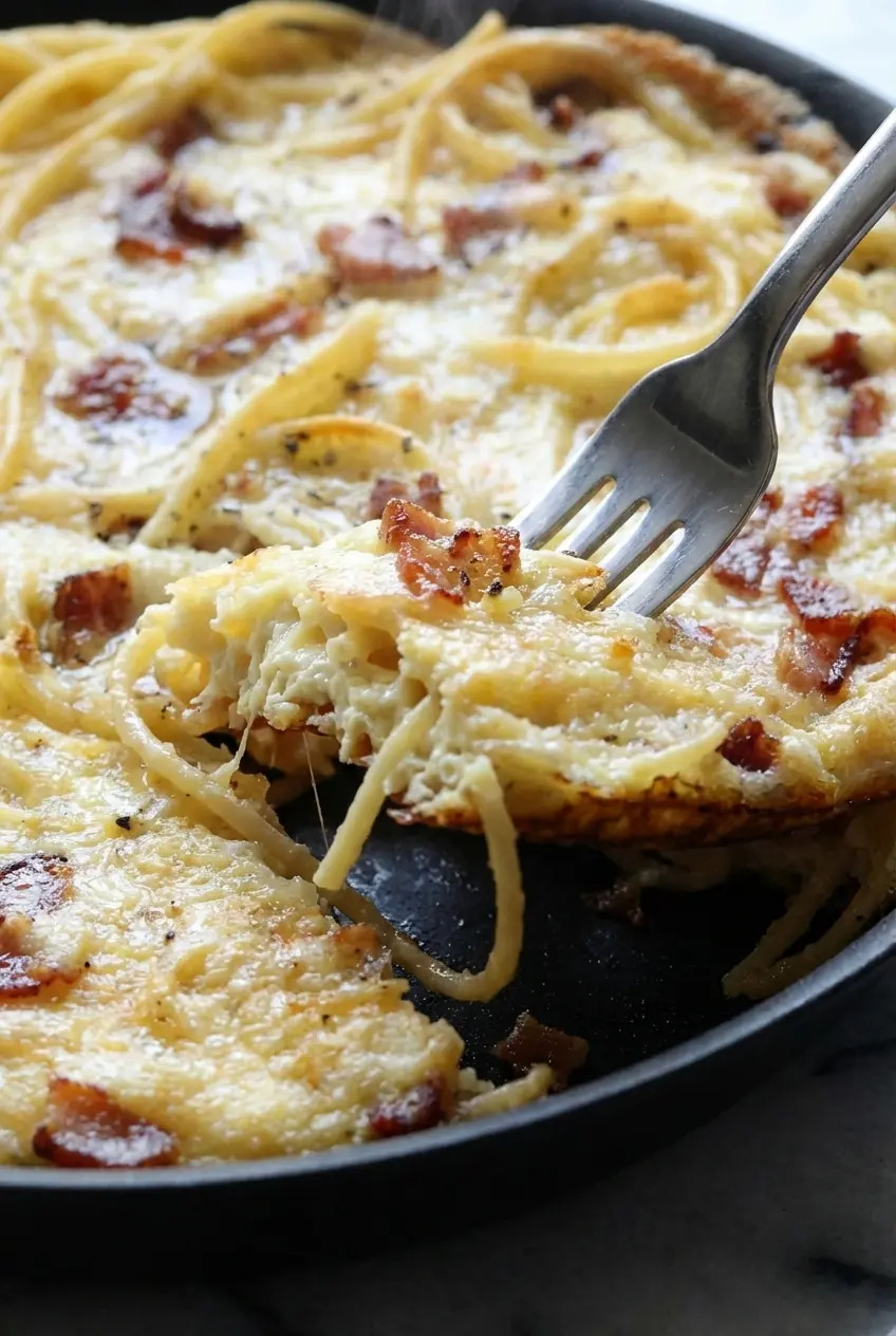 A slice of leftover pasta frittata showing a perfectly set egg custard center and al dente pasta noodles.