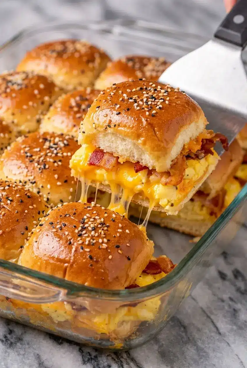 Crack Breakfast Sliders being sliced with a serrated knife in a baking dish to reveal the melted cheese.