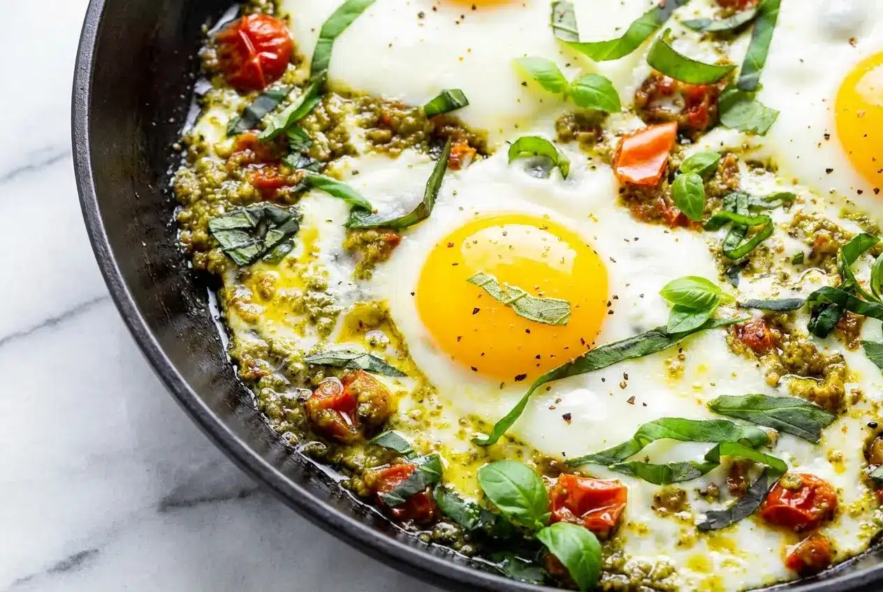 Sunny side up Pesto Eggs Recipe with a crispy feta skirt and hot honey drizzle served over toasted sourdough.