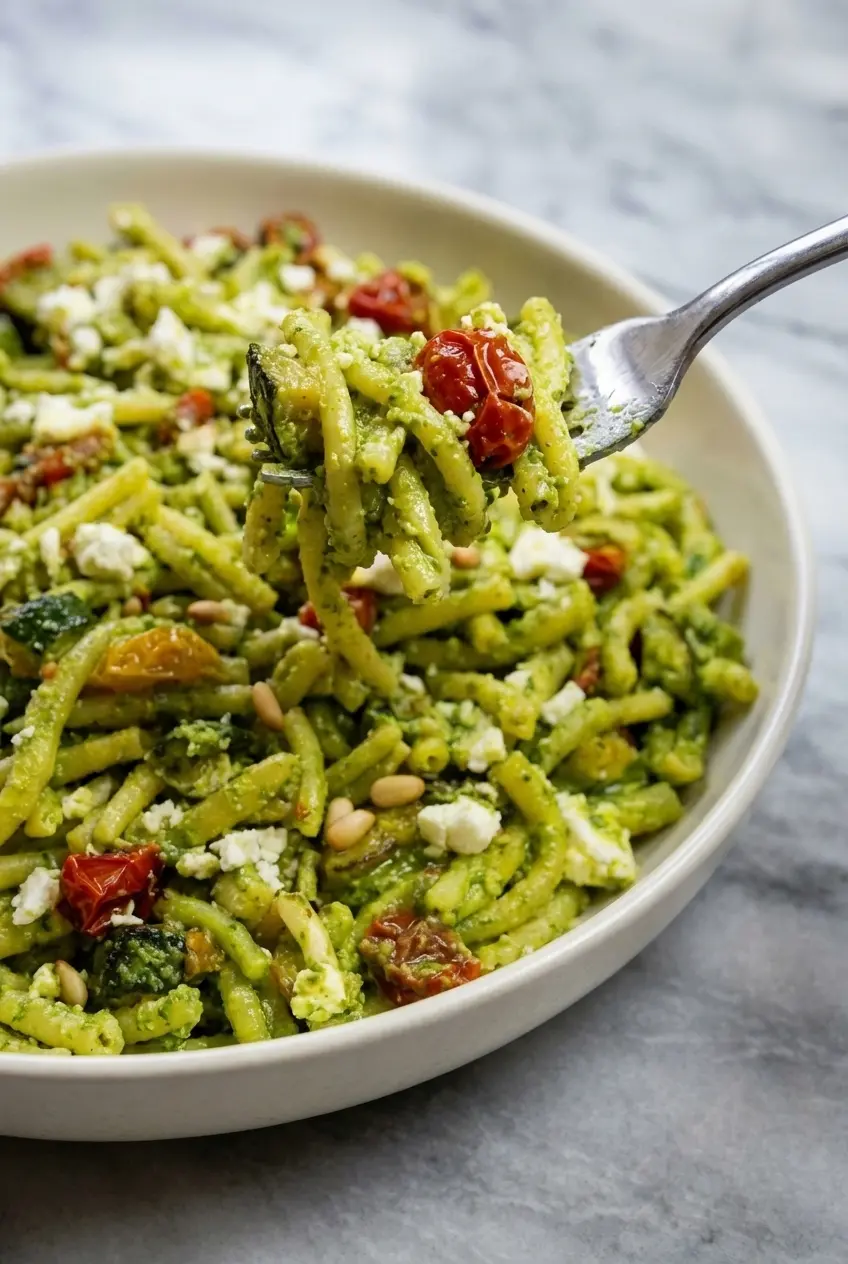 Whisking sun-dried tomato oil into pesto pasta salad dressing for a smooth emulsification.
