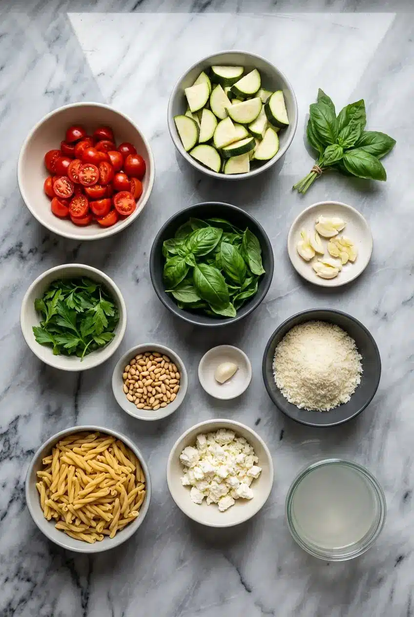 Raw strozzapreti, pine nuts, Parmigiano Reggiano, and fresh basil for pesto pasta salad.