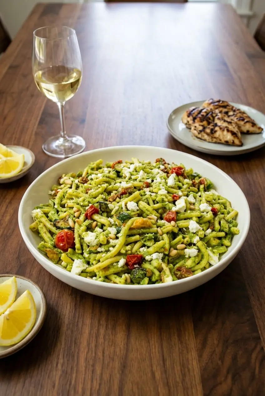 Pesto pasta salad served in a bowl with fresh basil and Calabrian chili on a wooden table.