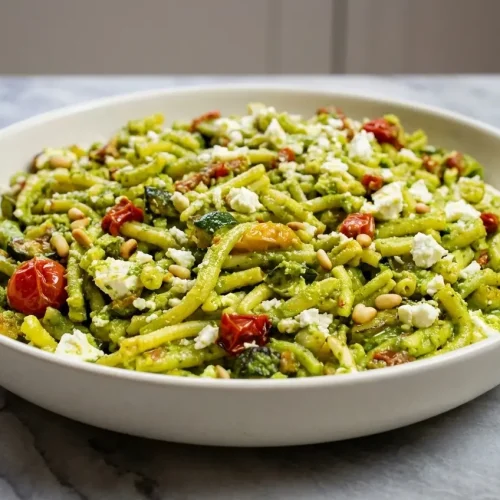 Pesto pasta salad with sun-dried tomato oil-infused dressing over strozzapreti.