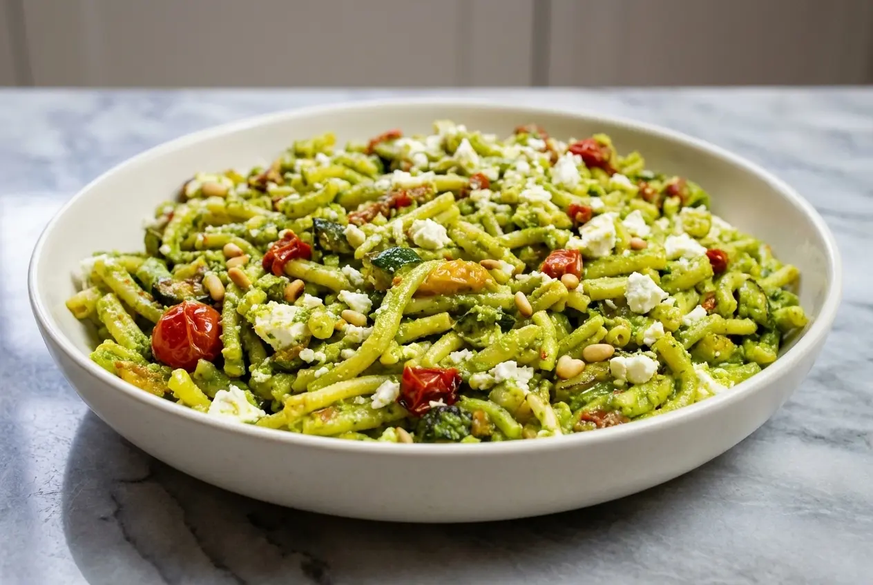 Pesto pasta salad with sun-dried tomato oil-infused dressing over strozzapreti.