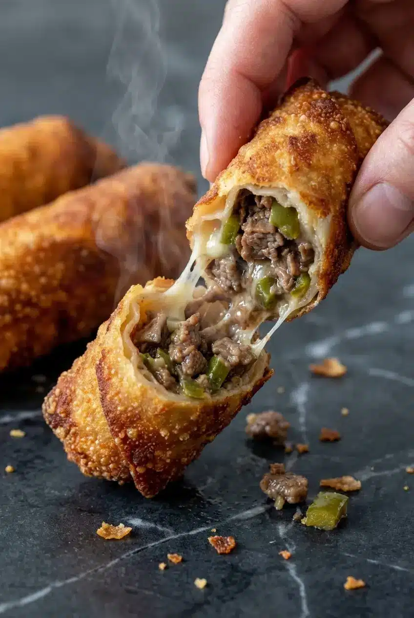 Close-up of the crispy, bubbly texture on the golden-brown surface of Philly Cheesesteak Egg Rolls.