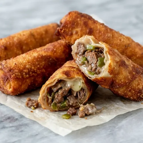 Philly Cheesesteak Egg Rolls with melted provolone and a savory balsamic caramelized onion jam filling.