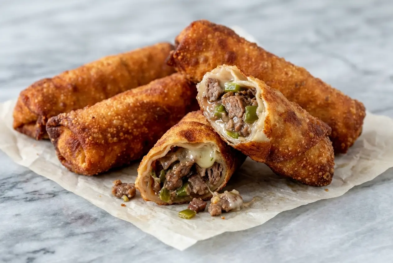 Philly Cheesesteak Egg Rolls with melted provolone and a savory balsamic caramelized onion jam filling.