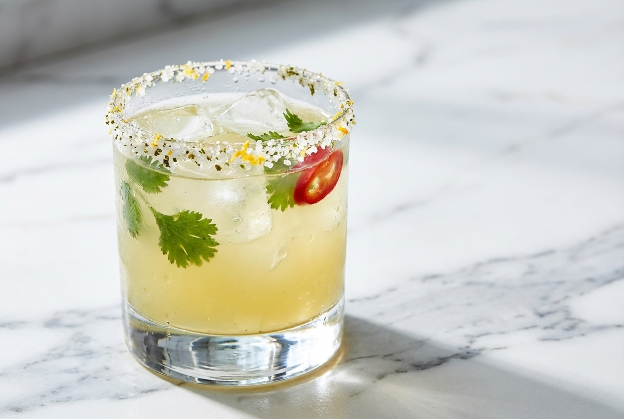 Icy Picante Cocktail in a rocks glass featuring a coriander-citrus salt rim and a slice of fresh Fresno chili.