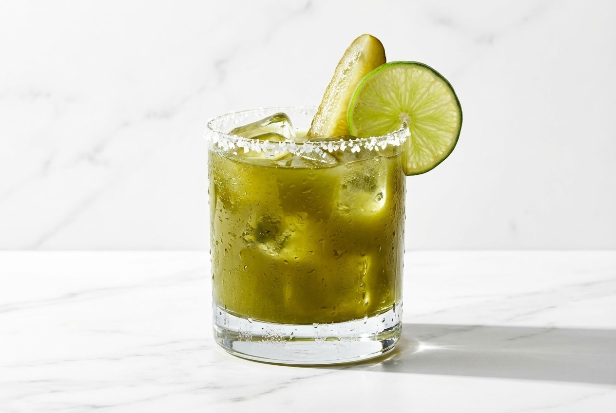 Chilled pickle margarita in a Tajín-rimmed rocks glass garnished with a fresh dill spear, sweetened with smooth agave nectar.