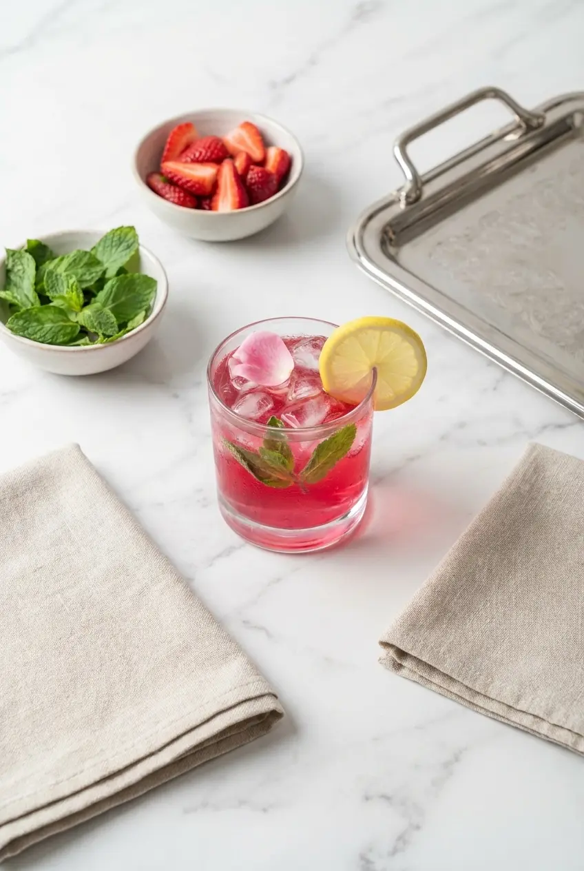A chilled Pink Mocktail served in a tall glass with an elegant strawberry garnish, perfect as a baby shower drink.