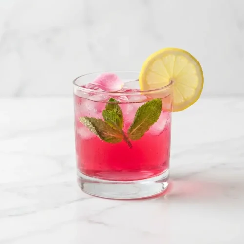 Refreshing Pink Mocktail in a glass filled with ice, garnished with strawberries, mixed with lemon juice and rose botanical water.