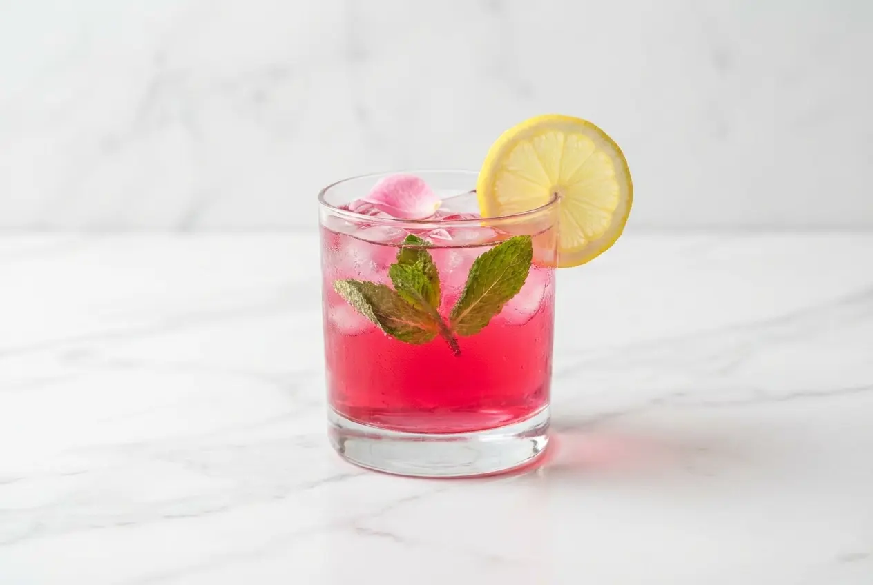 Refreshing Pink Mocktail in a glass filled with ice, garnished with strawberries, mixed with lemon juice and rose botanical water.