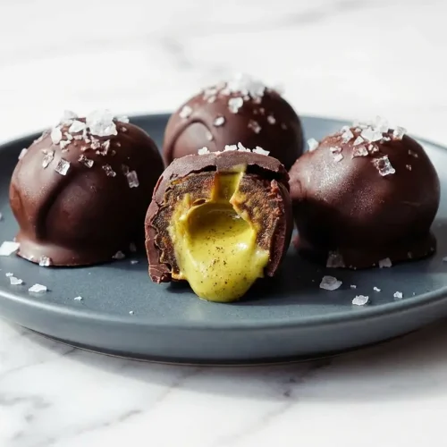 Dark chocolate covered Pistachio Butter Stuffed Dates sprinkled with flaky sea salt, showing a cardamom-spiced green filling.