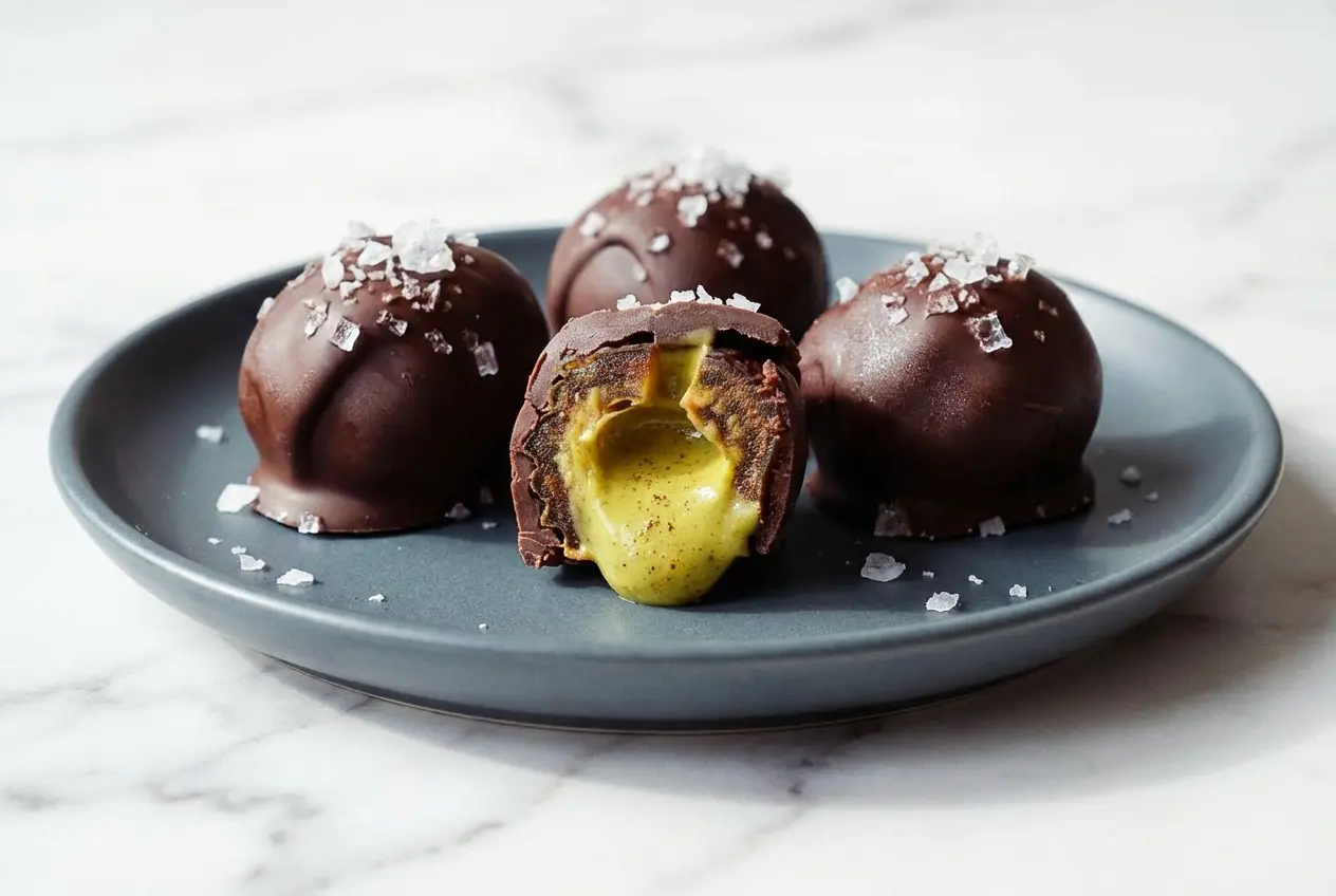 Dark chocolate covered Pistachio Butter Stuffed Dates sprinkled with flaky sea salt, showing a cardamom-spiced green filling.