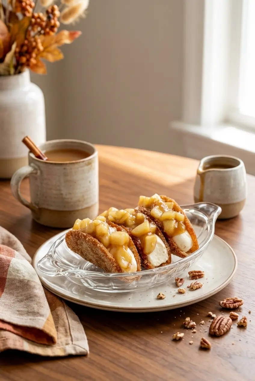 A platter of Apple Cheesecake Tacos arranged on a rustic wooden table ready to be served for a cozy autumn dessert.