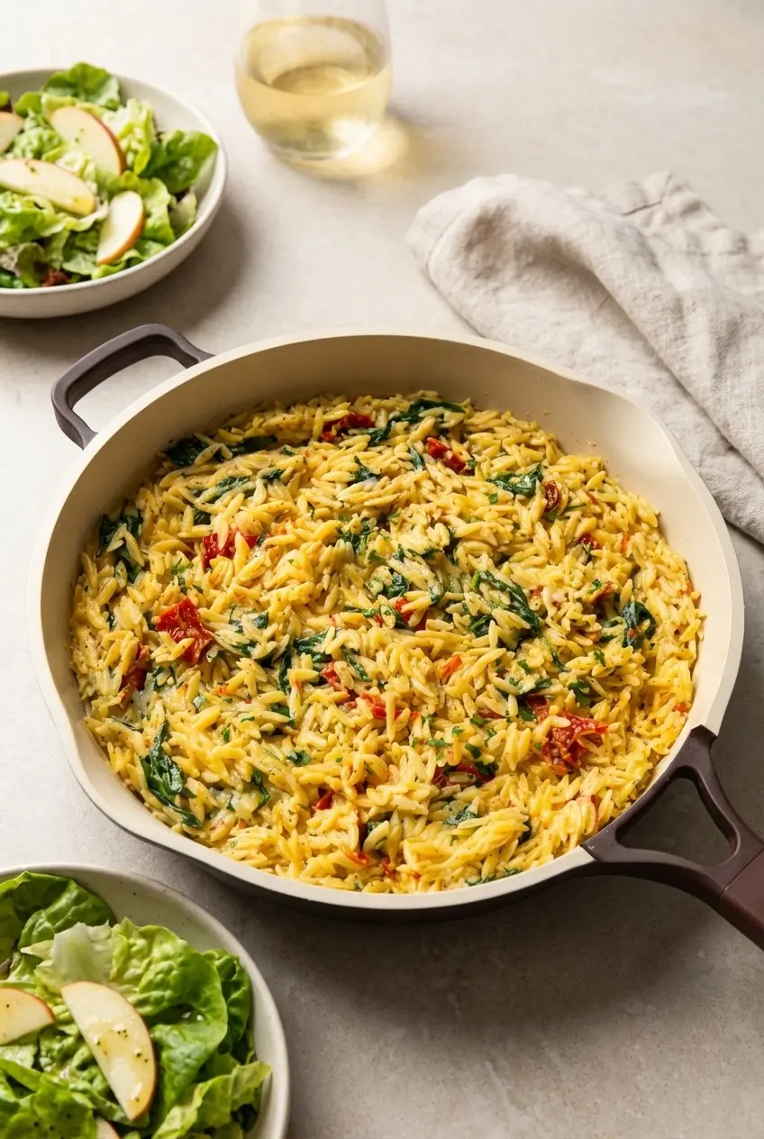 A comforting portion of Boursin Orzo Bake served on a warm plate ready for a cozy weeknight dinner or easy meal prep.