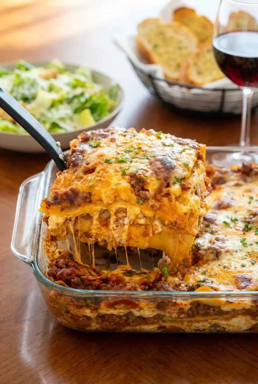 Portions of Classic Beef Lasagna served on dinner plates alongside a fresh green salad for a comforting family meal.