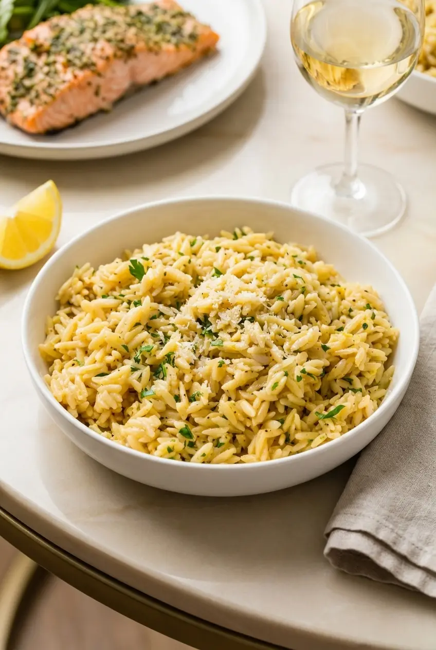 A generous scoop of creamy Lemon Orzo Recipe served in a rustic bowl beside a fresh lemon wedge.